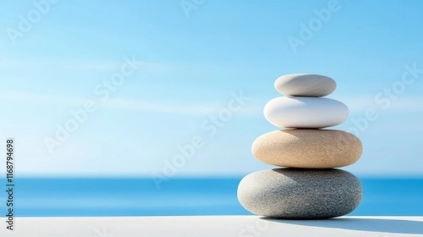 Fototapeta A stack of rocks on a beach with a blue sky in the background