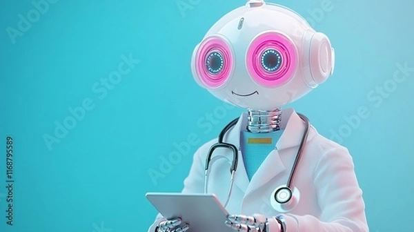 Fototapeta Futuristic AI Doctor with Advanced Robotic Features Holding a Digital Tablet in a Medical Setting, Generative AI