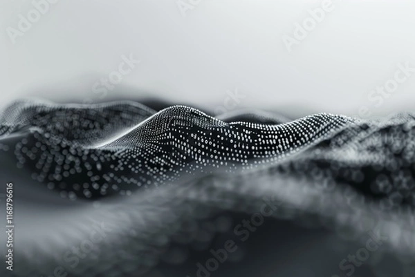 Fototapeta A serene depiction of particles suspended in fluid, side view, demonstrating Brownian motion, digital binary as object, black and white