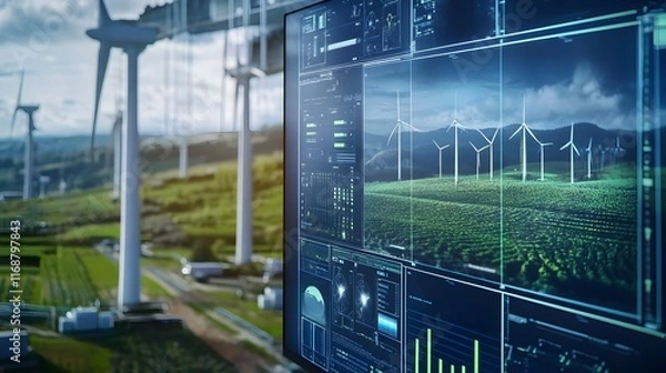 Fototapeta A digital twin of a renewable energy farm displayed on a high-tech monitor 