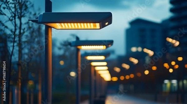 Fototapeta A close-up of energy-efficient urban lighting systems monitored digitally 