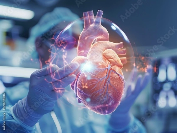 Obraz Holographic heart model guiding surgeon, emphasizing precision selective focus, surgical guidance theme, dynamic, Overlay, hightech surgery suite backdrop
