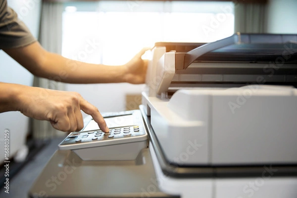 Fototapeta Businessman press button on control panel to use photocopy or copier or photocopier in office workplace is equipment for copy Xerox or scanner to scanning document or printer for printing paper.