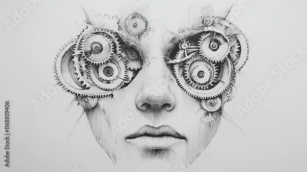 Obraz Pencil Sketch of a face with gears for eyes