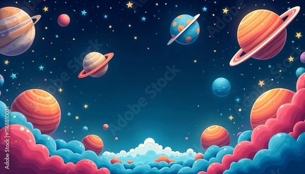 Fototapeta Vibrant cartoon-style space scene featuring colorful planets, stars, and whimsical clouds in a cosmic atmosphere