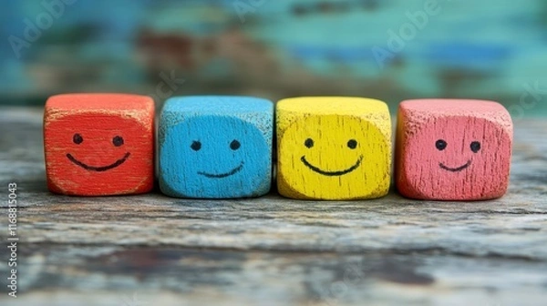Fototapeta Colorful Wooden Blocks with Happy Faces on Rustic Wood Background Positive Emotions Concept