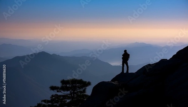 Fototapeta Silhouette image of a climber feeling a sense of accomplishment looking down from the summit