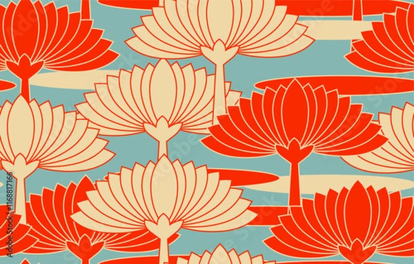 Fototapeta champs de lotus illustration style japonais en rouge bleu ivoire motif en tuile sans couture