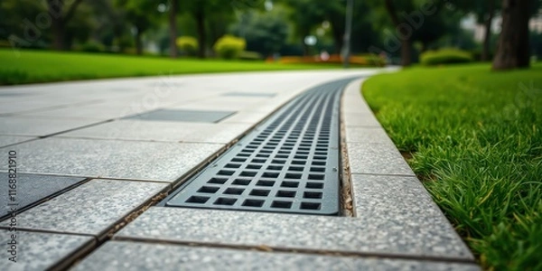 Fototapeta Curved pathway drainage system with square grid grate, nestled between meticulously manicured lawn and granite tile pavement