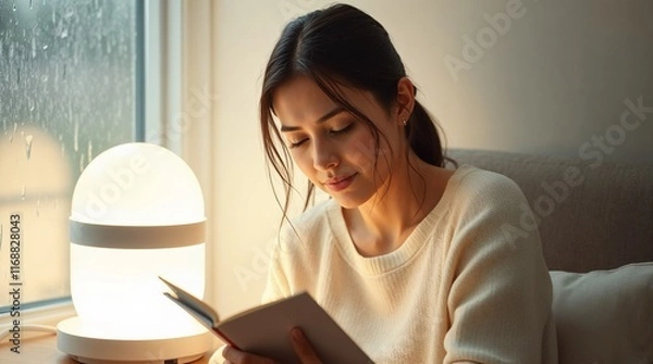 Obraz Woman enjoying light therapy by a window with a modern lamp