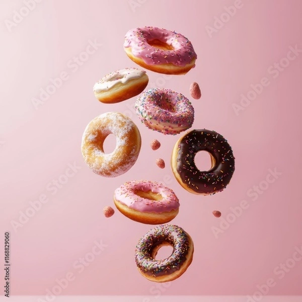 Fototapeta Delicious assortment of colorful donuts studio setting food photography playful atmosphere