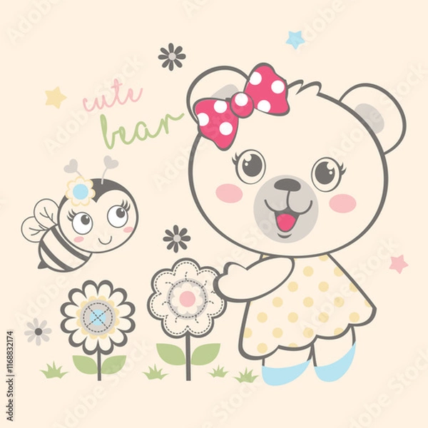 Fototapeta Adorable bear vector in a flower garden enjoying sweet honey.