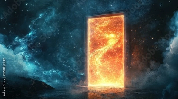 Fototapeta Flaming Portal Opens To A Cosmic Nebula Scene