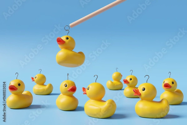 Fototapeta Yellow rubber ducks have metal rings fastened to their heads and one is being hooked on gradient blue background. Illustration of the concept of the traditional fairground stall game hook a duck