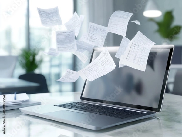 Fototapeta Paper tax forms transforming into digital documents floating above laptop in modern office.