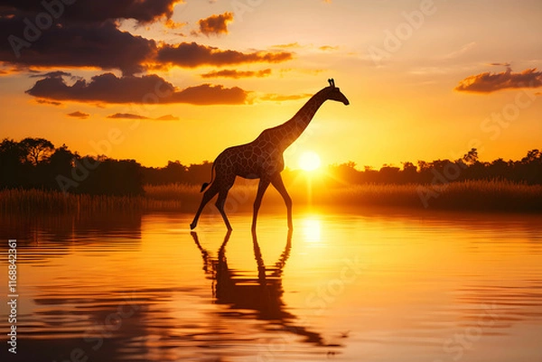 Fototapeta Majestic Giraffe Silhouette Walking Along a Serene Waterbody During a Vibrant Sunset Over a Tranquil Landscape