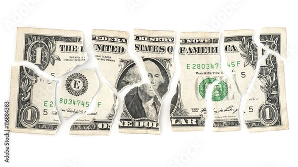 Fototapeta Isolated torn devalued dollar on a white background.
