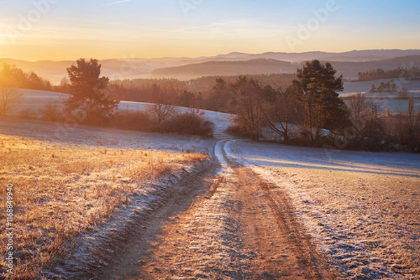Fototapeta road heading towards mountain range at sunrise. Frozen landscape with trees without snow