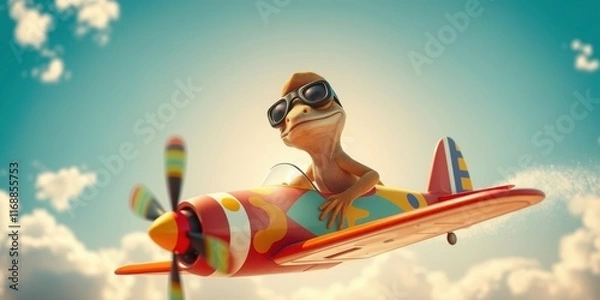 Fototapeta A whimsical reptile pilot soars through the sky in a vibrant, cartoon-style airplane, enjoying a carefree adventure.