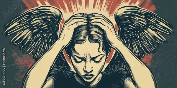 Fototapeta abstract art of a person with their hands on head, wing and horn on head