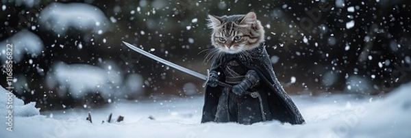 Fototapeta an adorable, fluffy cat wearing a black cloak and holding a sword, standing in the snow during snowfall