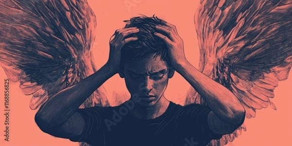 Fototapeta abstract art of a person with their hands on head, wing and horn on head