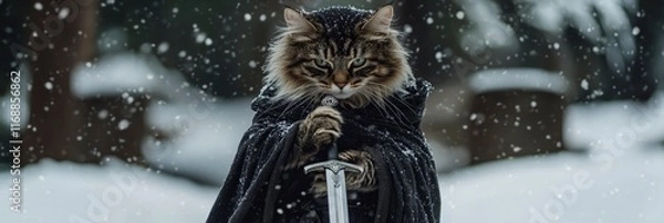 Fototapeta an adorable, fluffy cat wearing a black cloak and holding a sword, standing in the snow during snowfall