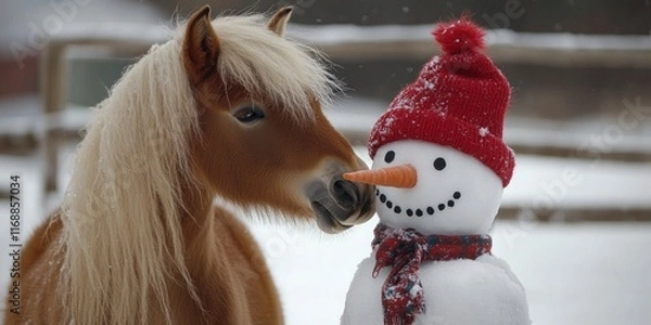 Fototapeta a cute pony kissing a snowman wearing a red hat on winter landscape background
