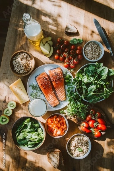 Fototapeta various healthy foods, including fish and vegetables, on the table with milk in glass bottle on wooden table, including salmon fillet, kiwi fruit, carrot, tomato, green leaves and grain