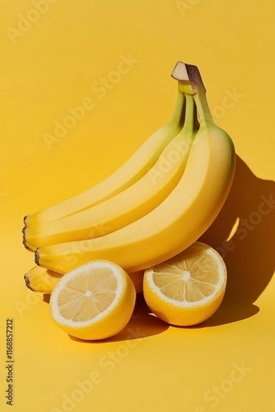 Fototapeta A pile of bananas on a podium against yellow background