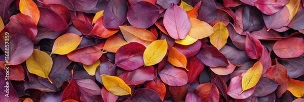 Fototapeta A pile of colorful autumn leaves in various shades of red, yellow, and purple.