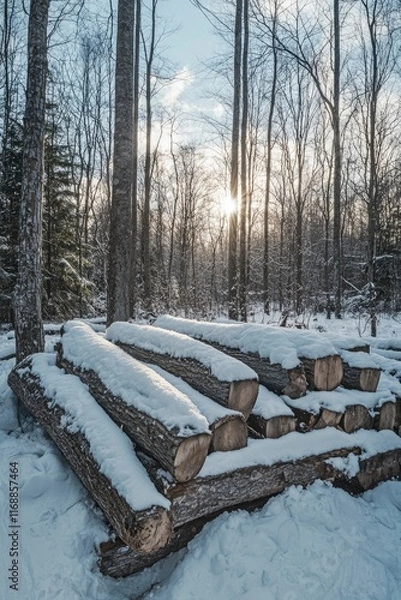 Fototapeta A pile of felled trees in the snow with a forest in the background
