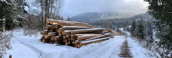 Fototapeta A pile of felled trees in the snow with a forest in the background