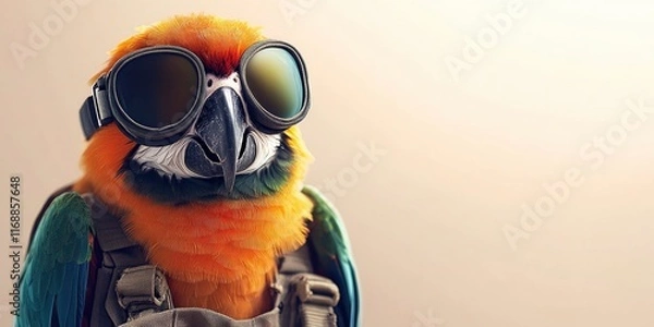 Fototapeta a colorful parrot in a pilot outfit with goggles on blur beige background