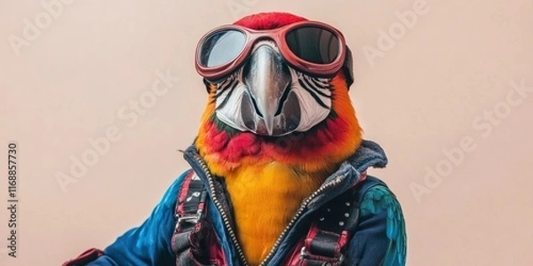 Fototapeta a colorful parrot in a pilot outfit with goggles on blur beige background