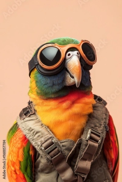 Fototapeta a colorful parrot in a pilot outfit with goggles on blur beige background