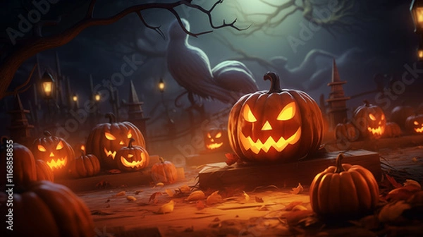 Fototapeta Eerie Pumpkin-Filled Haunted Forest Scene Under a Moonlit Sky