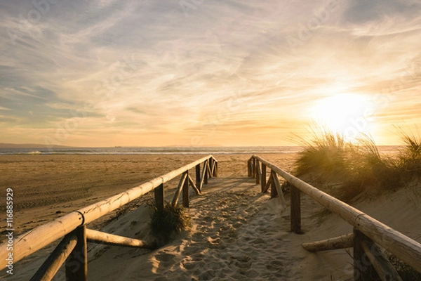 Obraz Path on sand at sunset, Tarifa, Spain