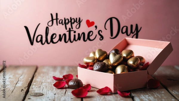 Obraz Golden and brown heart shaped chocolates in pink box with rose petals on wooden table for valentine's day celebration