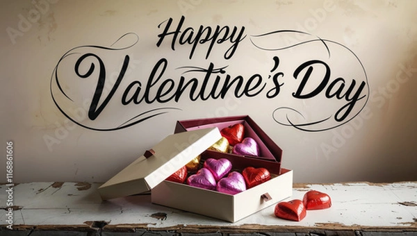 Obraz Open box of heart shaped chocolates sitting on rustic table with happy valentine's day written on wall