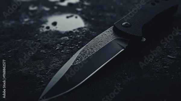 Obraz A black knife with a silver blade is laying on a wet surface