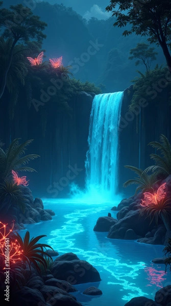 Fototapeta Hidden Oasis with Glowing Waterfalls Cascading into a Serene Bioluminescent Pool – Phone Wallpaper HD