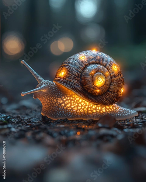 Fototapeta A snail with a glowing laptop on its shell, symbolizing slow work,