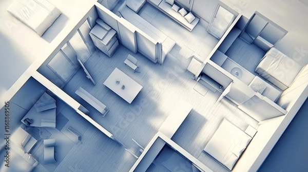 Fototapeta A meticulously crafted floor plan that includes individual bedrooms, partially insulated home offices, and communal living spaces, aimed at efficiently using space and ensuring privacy