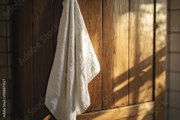 Fototapeta Close-up of a white towel hanging on a wooden cabinet, in a bathroom with warm lighting.