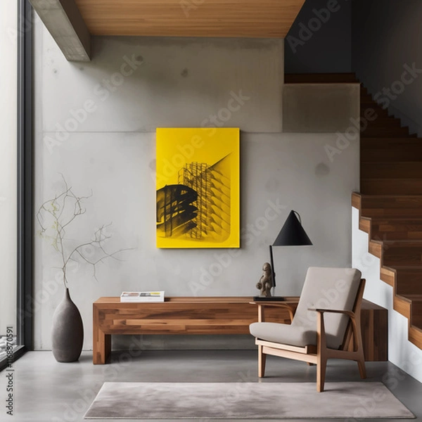 Fototapeta Modern Living Room Interior Yellow Abstract Art Wooden Chair  Console