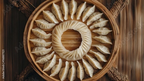 Fototapeta Handmade Dumplings Arranged in Circular Pattern