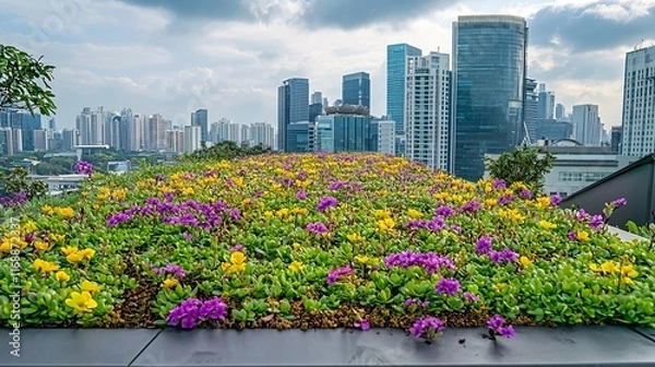 Fototapeta Conservation Energy Green Technology Solutions urban buildings utilizing green rooftops and renewable energy systems Stock Photo with side copy space
