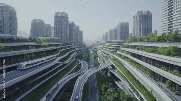 Obraz Futuristic Hover Trains in China's Urban Landscape - Self-Cleaning High-Tech Transport System.