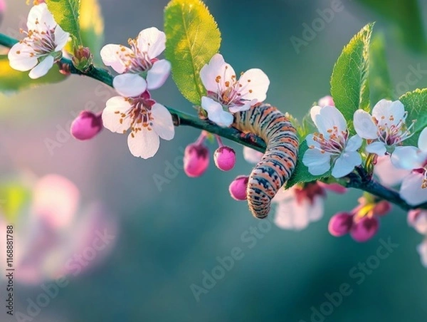 Fototapeta A vivid macro shot of a caterpillar on a budding branch, surrounded by the fresh greens and blooms of spring season